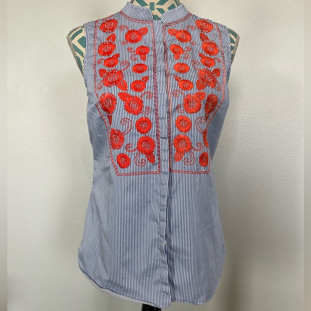 Brooks Brothers Striped Sleeveless Embroidered Floral Top size 4